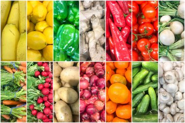 Sağlıklı organik meyve ve sebzeli fotoğrafların kolajı. Sağlıklı Taze Gıda Özgeçmişi Koleksiyonu.