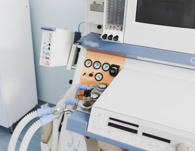 Solunum cihazının görüntüsü. Hastanenin solunum cihazı. Hastanın hayatını kurtaran makine. Yoğun bakım ünitesi solunum cihazı