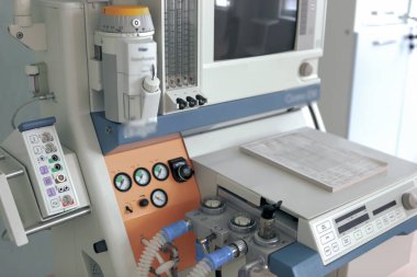 Solunum cihazının görüntüsü. Hastanenin solunum cihazı. Hastanın hayatını kurtaran makine. Yoğun bakım ünitesi solunum cihazı