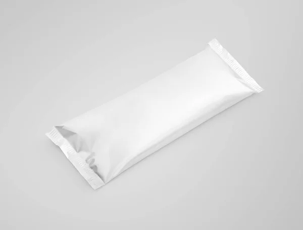 Blank plastic pouch snack packaging on gray background — Stock Photo, Image