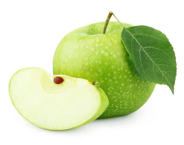 Manzana verde con hoja y rebanada aislada en blanco — Foto de Stock