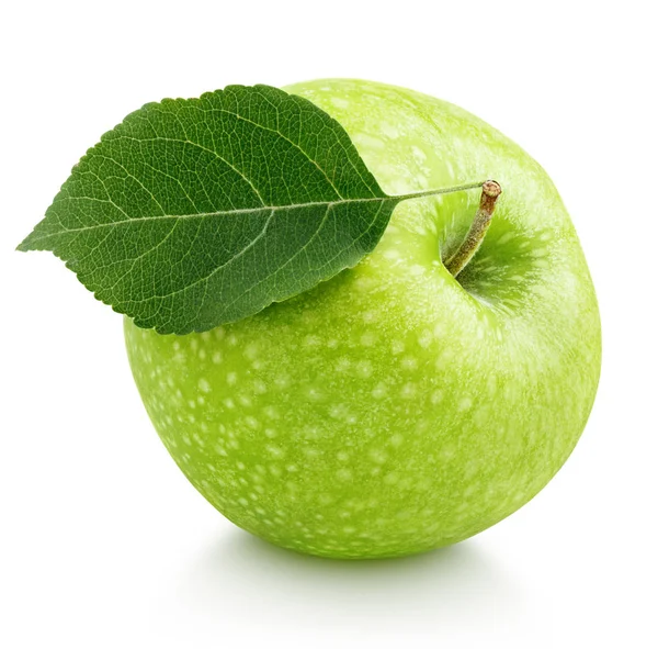 Manzana verde con hoja aislada sobre blanco — Foto de Stock