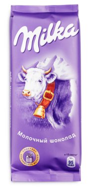 Beyaz arka plan üzerinde izole Milka sütlü çikolata bar Üstten Görünüm