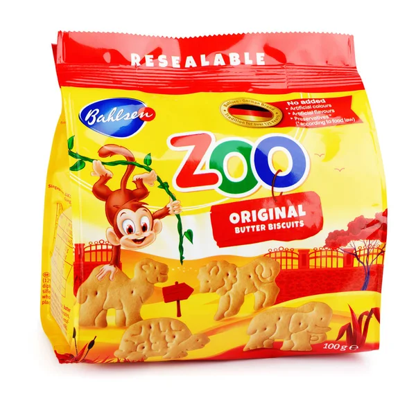 Front view of Bahlsen Leibniz Zoo Original butter biscuits isolated on white — Stock Photo, Image