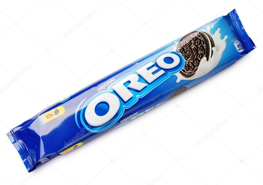 MOSCOW, RUSSIA - FEBRUARY 1, 2017 OREO Original Chocolate sandwich cookie isolated on white background with clipping path. OREO sandwich cookie produced by Nabisco (Mondelez International) and Cadbury