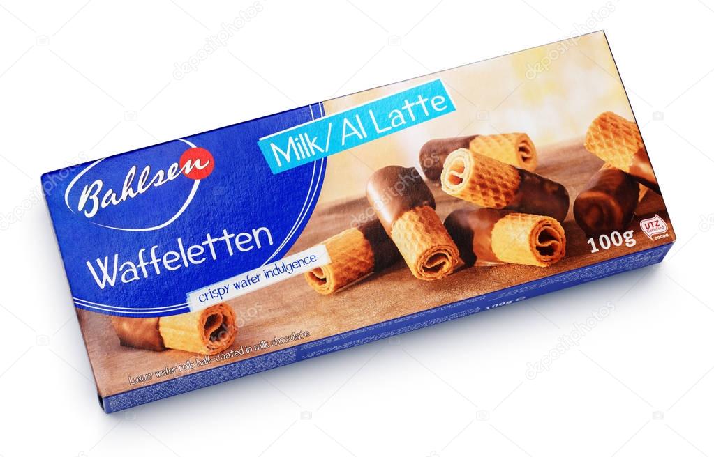 MOSCOW, RUSSIA - FEBRUARY 1, 2017: Top view of Bahlsen Waffeletten Milk Chocolate crisp rolls isolated on white background with clipping path. Waffeletten crisp wafer rolls produced by the Bahlsen.
