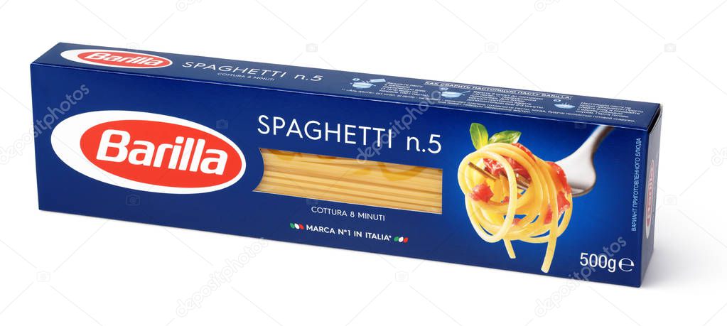 MOSCOW, RUSSIA - FEBRUARY 1, 2017: Front view of Barilla Spaghetti n.5 italian pasta isolated on white background with clipping path. Barilla is an Italian food company