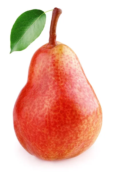 Frutti di pera rossa maturi con foglia verde isolata su bianco — Foto Stock
