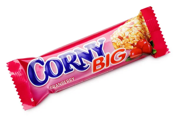 Corny big (cranberry flavor) muesli bar isolated on white — Stock Photo, Image