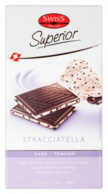 Top view of Swiss Prestige Superior Stracciatella dark chocolate bar isolated on white clipart