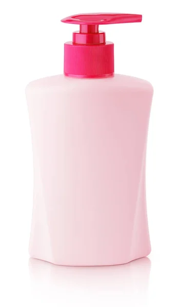 Вид спереди на гель, пену или жидкий дозатор мыла насос розовый пластиковый флакон изолированный на белом — стоковое фото