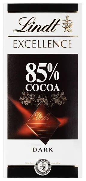 Tampilan atas Lindt EXCELLENCE 85% Cocoa Swiss dark chocolate bar terisolasi putih — Stok Foto