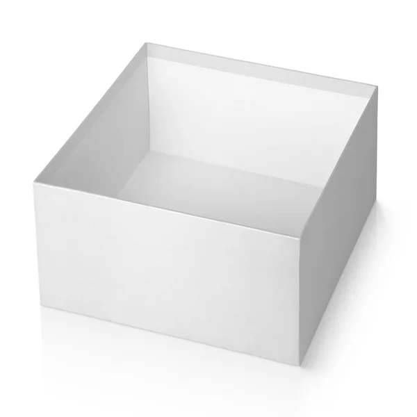 Offene leere weiße quadratische Box isoliert auf weiß — Stockfoto