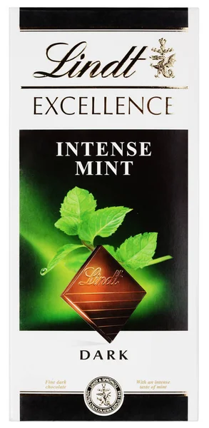 Vista dall'alto di Lindt EXCELLENCE intenso menta cioccolato fondente svizzero isolato su bianco — Foto Stock