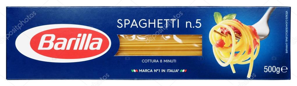 MOSCOW, RUSSIA - FEBRUARY 1, 2017: top view of Barilla Spaghetti n.5 italian pasta isolated on white background with clipping path. Barilla is an Italian food company