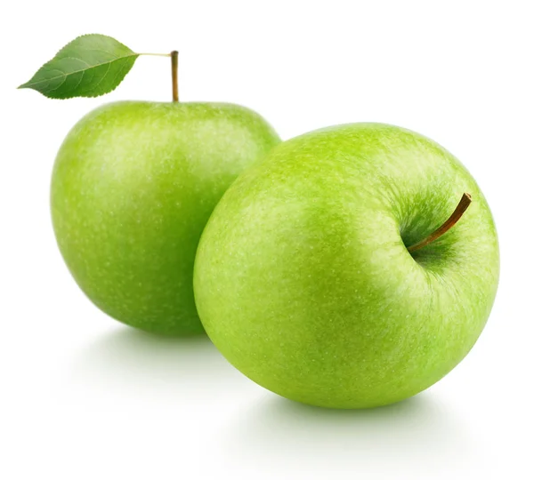 Mogna gröna äpplen frukter med leaf isolerad på vit — Stockfoto