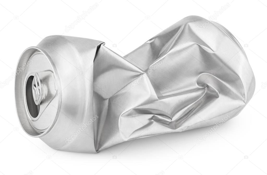 Crumpled empty soda or beer can isolated on white