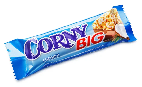 Corny grande (sabor a coco) muesli bar aislado sobre fondo blanco —  Fotos de Stock
