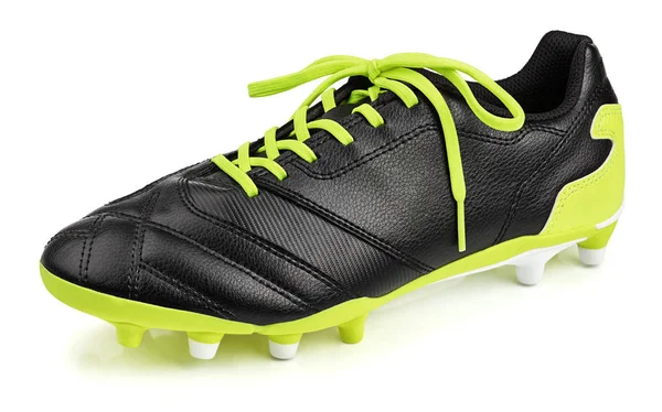 Zapato de fútbol de cuero negro o bota de fútbol aislada en blanco Imagen De Stock