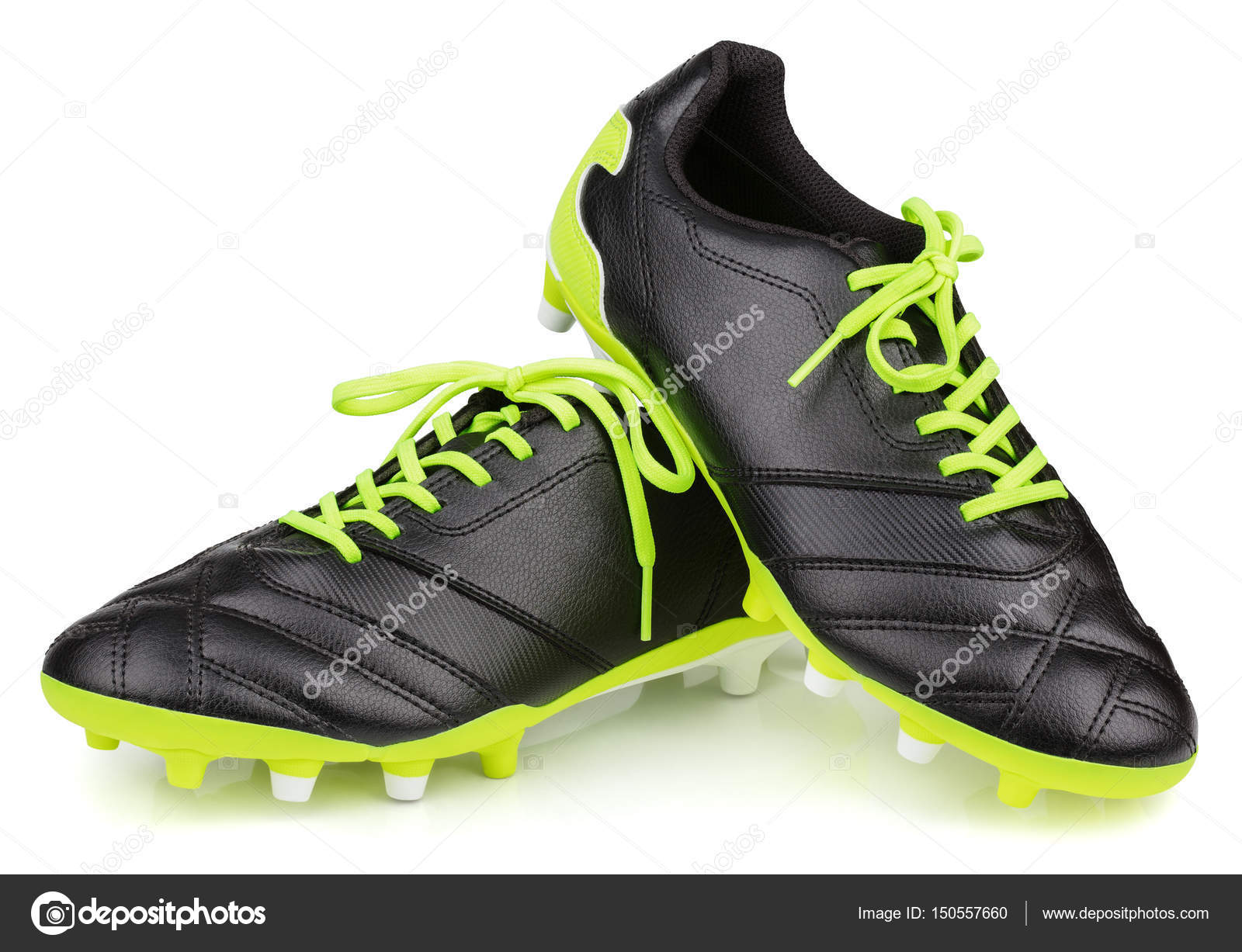 Black leather football shoes or soccer boots isolated on white