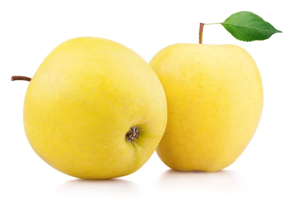 Frutos maduros de manzana amarilla con hojas aisladas sobre blanco — Foto de Stock