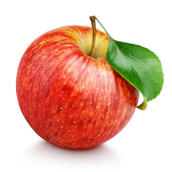 Rött äpple frukt med grönt blad isolerad på vit — Stockfoto