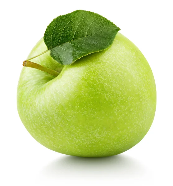 Yeşil elma meyve yeşil yaprak üzerinde beyaz izole — Stok fotoğraf