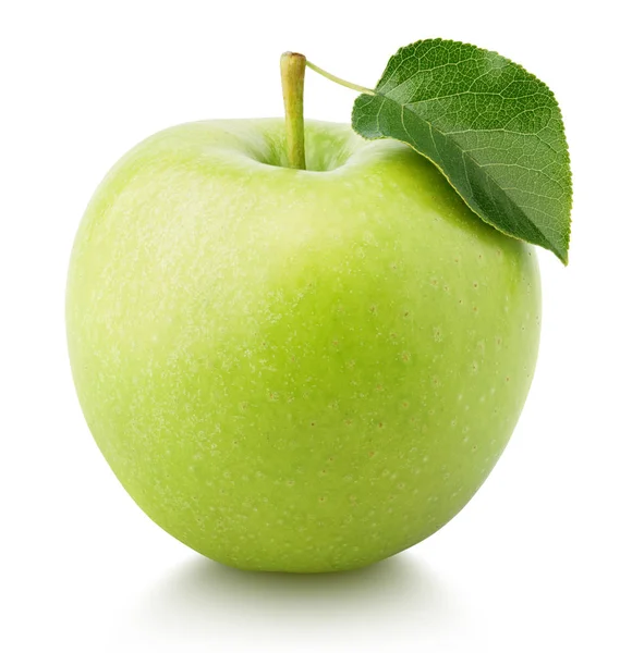 Fruta de maçã verde com folha verde isolada em branco — Fotografia de Stock