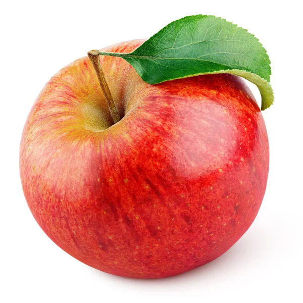 Плоды красного яблока с зеленым листом, изолированным на белом — стоковое фото