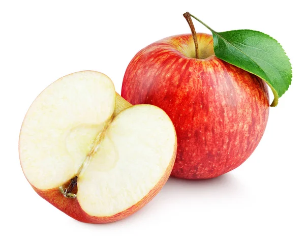 Manzana roja madura con media hoja y manzana aislada en blanco — Foto de Stock