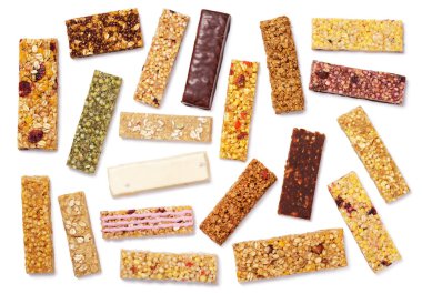 beyaz izole kümesi granola bar (müsli veya tahıl bar)