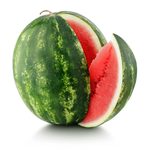 Mogen vattenmelon med skuren skiva isolerad på vit — Stockfoto