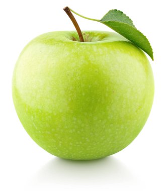 Yeşil elma meyve yeşil yaprak üzerinde beyaz izole