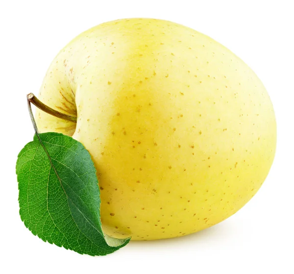 Manzana amarilla con hoja verde aislada sobre blanco — Foto de Stock