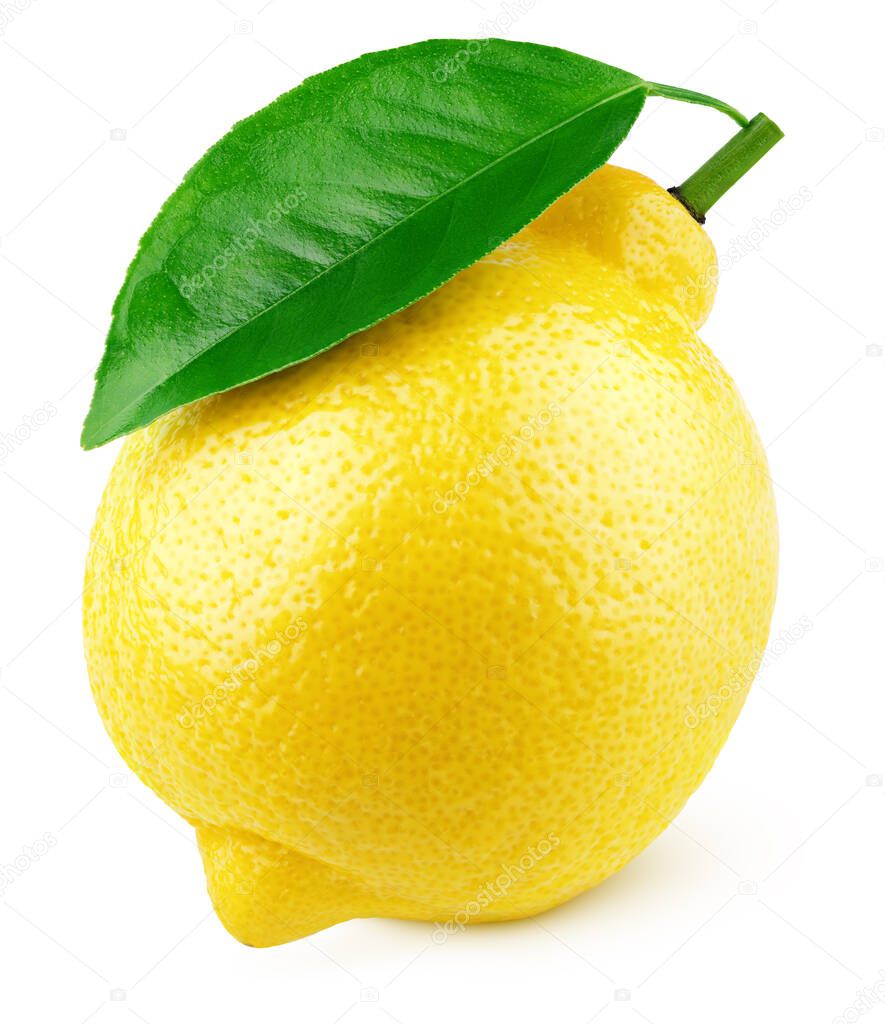 Ripe full yellow lemon citrus fruit with green leaf isolated on white background with clipping path. Full depth of field.