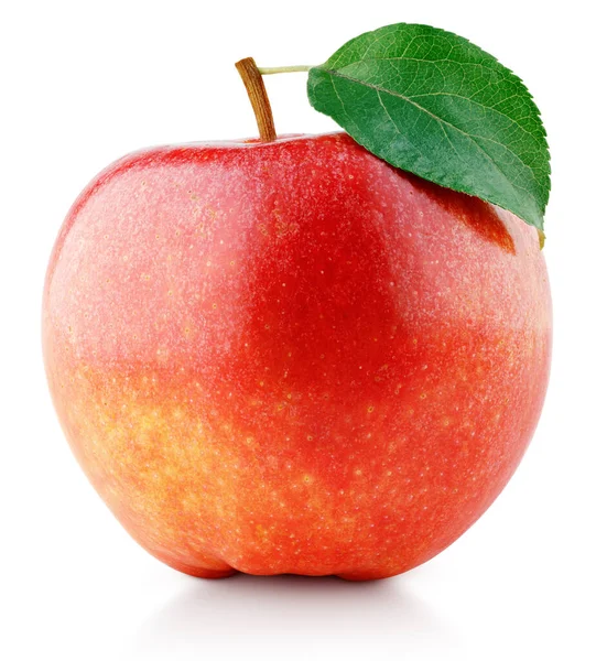 Enkel Mogen Röd Äpple Frukt Med Grönt Blad Isolerad Vit — Stockfoto