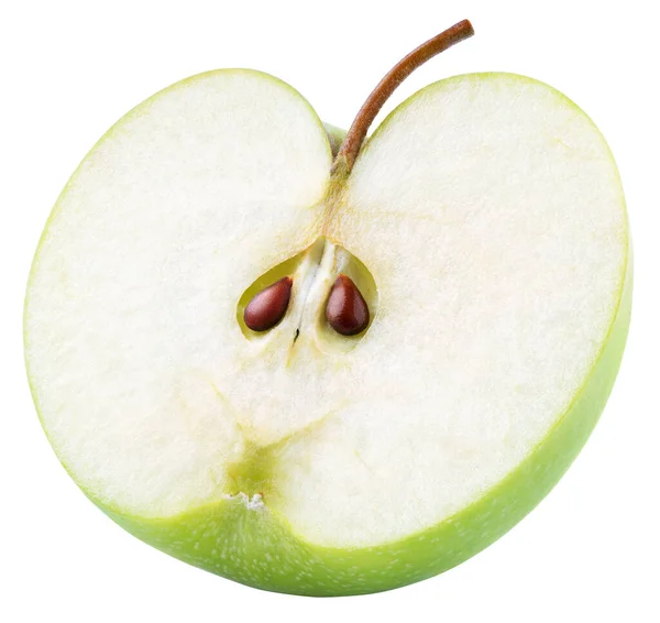 Pomme Verte Moitié Avec Graines Tige Isolée Sur Fond Blanc — Photo