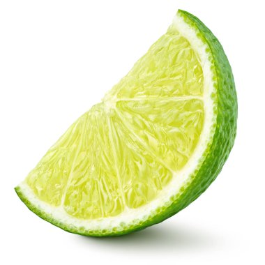 Beyaz arka planda izole edilmiş limonlu turunçgillerden oluşan olgun bir dilim. Tam alan derinliği.