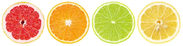 Conjunto Diferentes Fatias Frutas Cítricas Coloridas Metade Toranja Laranja Limão — Fotografia de Stock