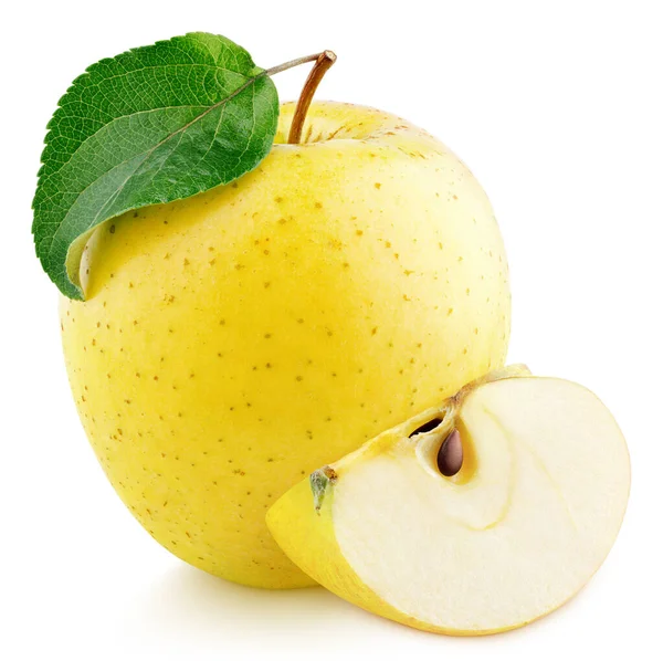 Желтый Плод Яблока Зеленым Листом Ломтиком Изолированы Белом Фоне Золотое — стоковое фото