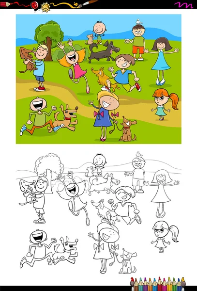 Kids and dogs coloring book — Stock Vector