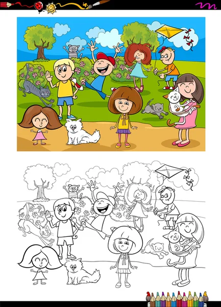 Kids and cats coloring book — Stock Vector