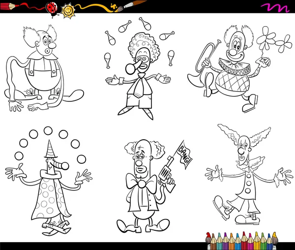 Circus clowns set coloring book — Stock Vector