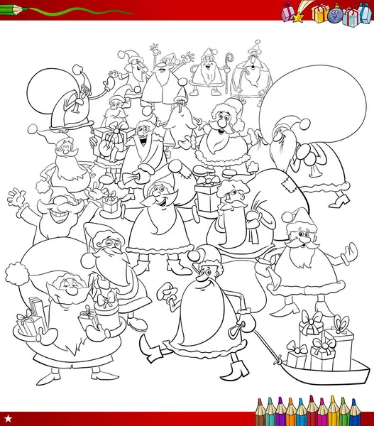 Santa characters group coloring page — Stock Vector