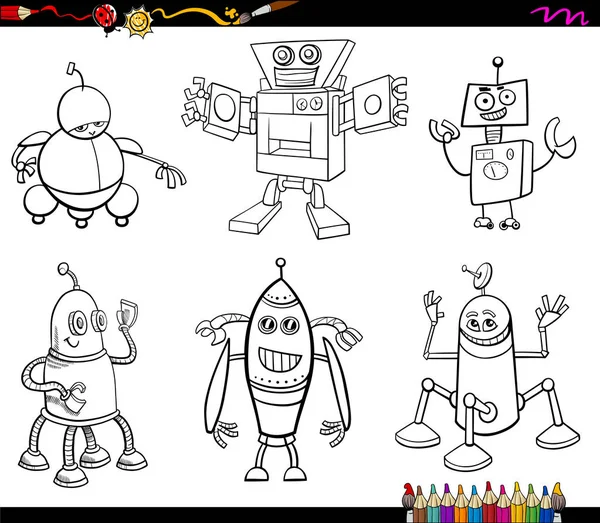 Robot personajes para colorear libro — Vector de stock