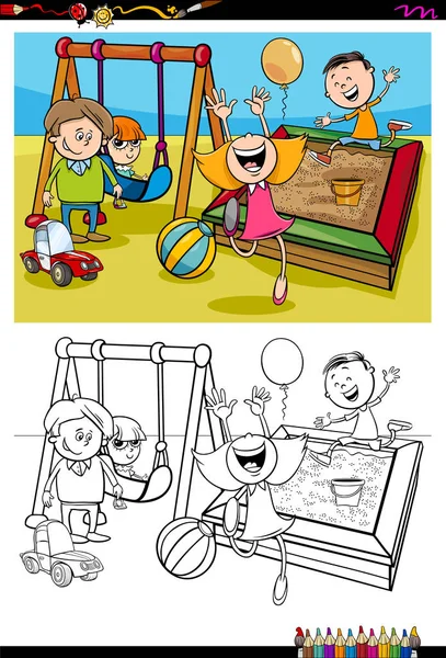 Niños en el parque infantil para colorear libro — Vector de stock