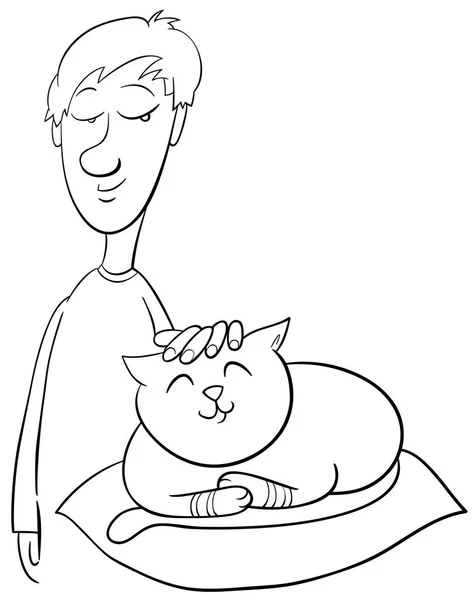 Boy strokes cat coloring page — Stock Vector