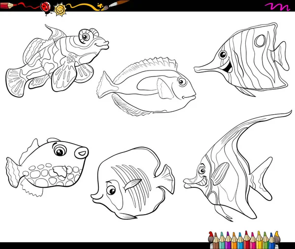 Desenhos animados conjunto de peixes página para colorir —  Vetores de Stock
