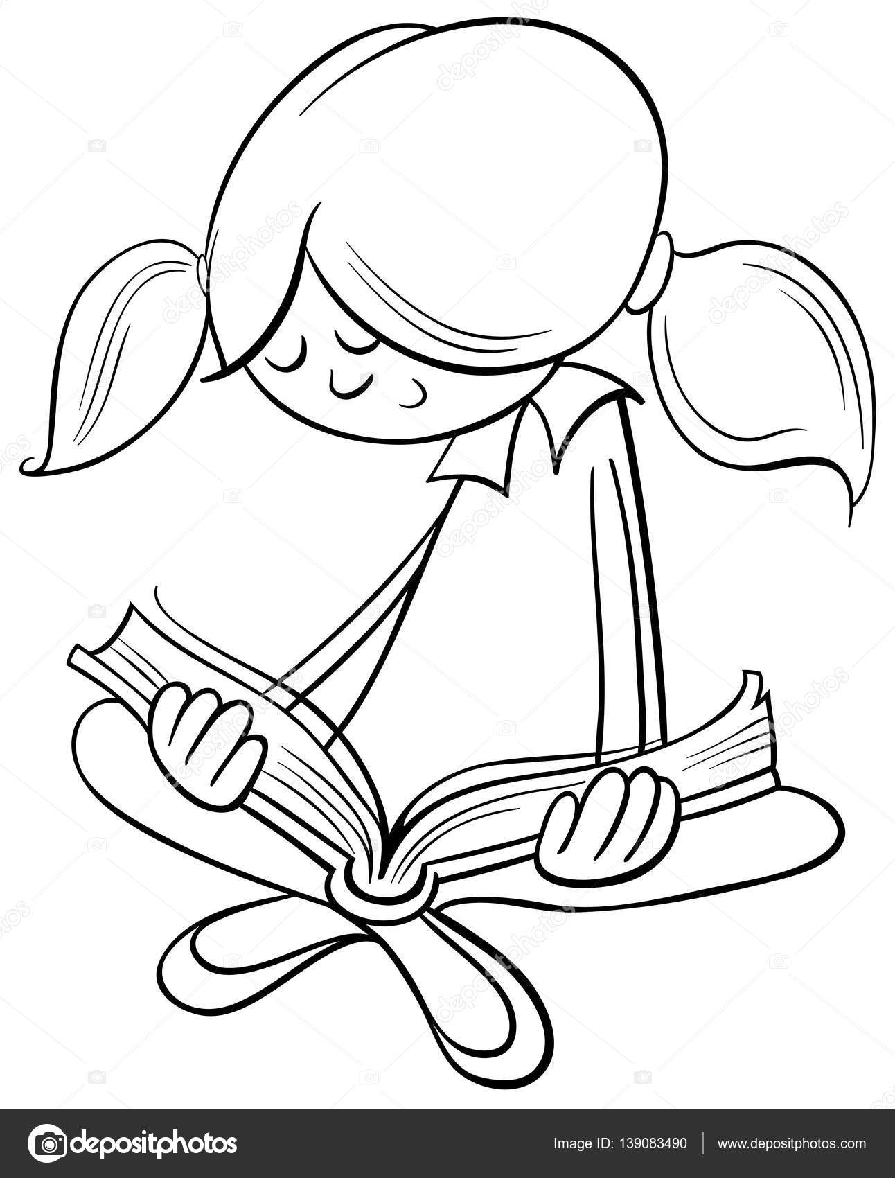 Bianco e nero del fumetto del carattere di bambina sveglia leggendo una libro da colorare — Vettoriali di izakowski Trova immagini simili