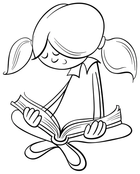 Chica leyendo libro para colorear página — Vector de stock